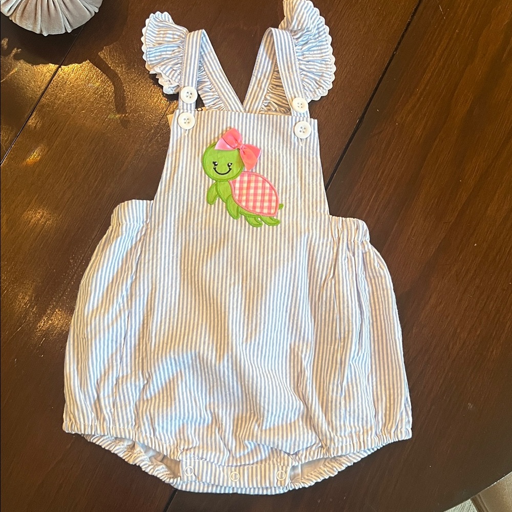 Lil Cactus Blue and White Striped Girl Turtle Bubble Romper